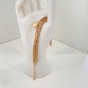 Gold-Tone Y2K Style Double Chain Bracelet With Padlock Charm Adjustable Fit Mini